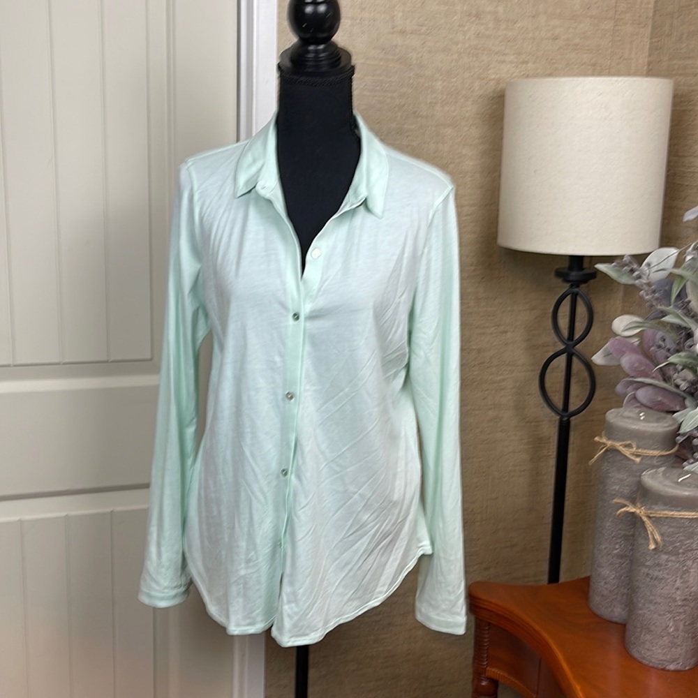 EILEEN Fisher Lightweight Aqua Blue Button Down Collared Top Medium 100% Cotton
